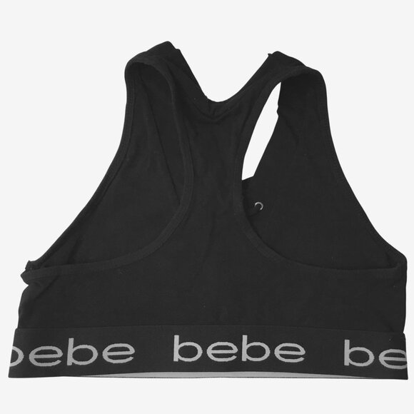 BEBE Women Black Lace-Up Logo Band Racerback Sports Bra Bralette Tank Top S - Picture 2 of 5